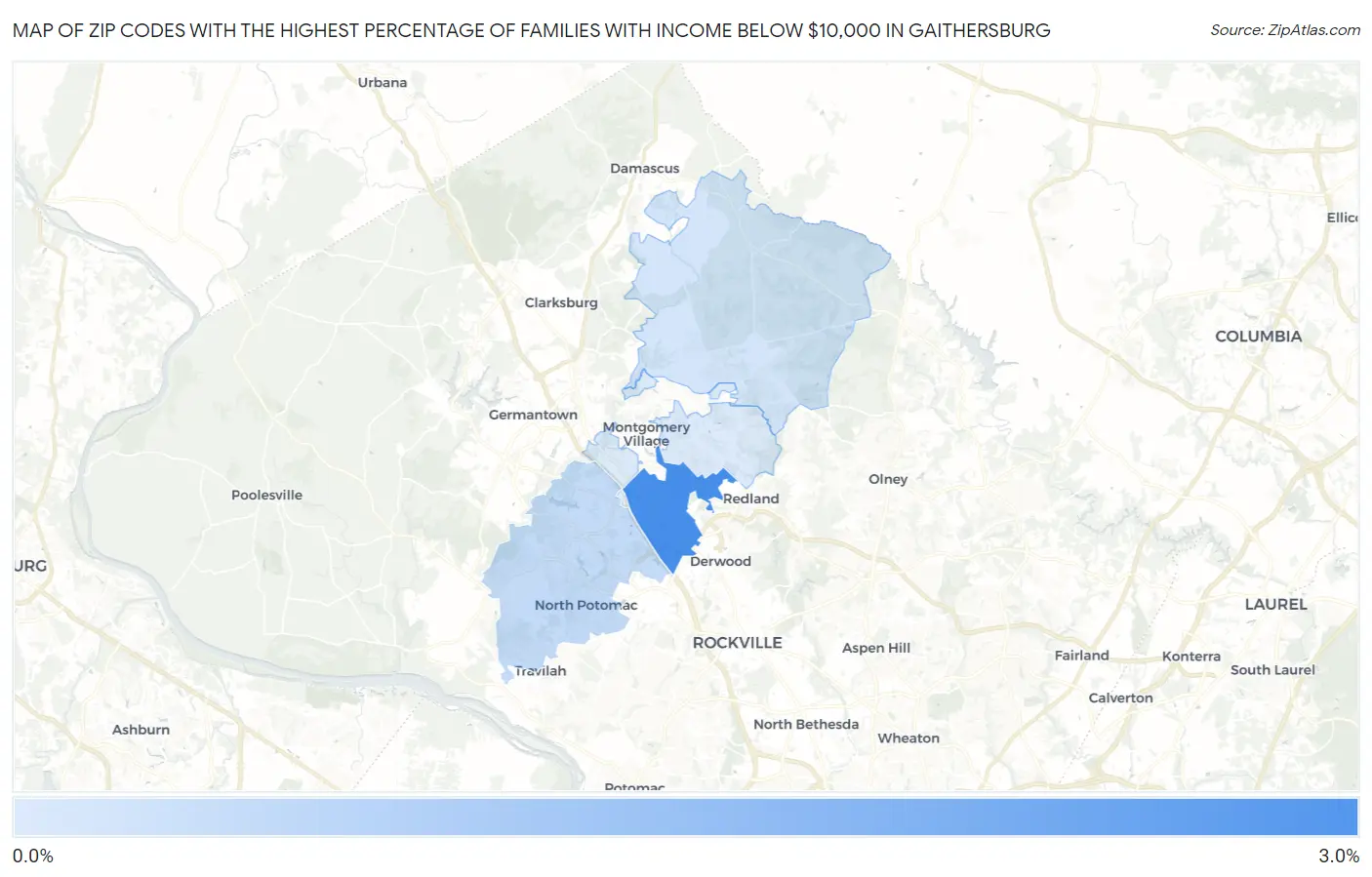 Zip Codes with the Highest Percentage of Families with Income Below $10,000 in Gaithersburg Map