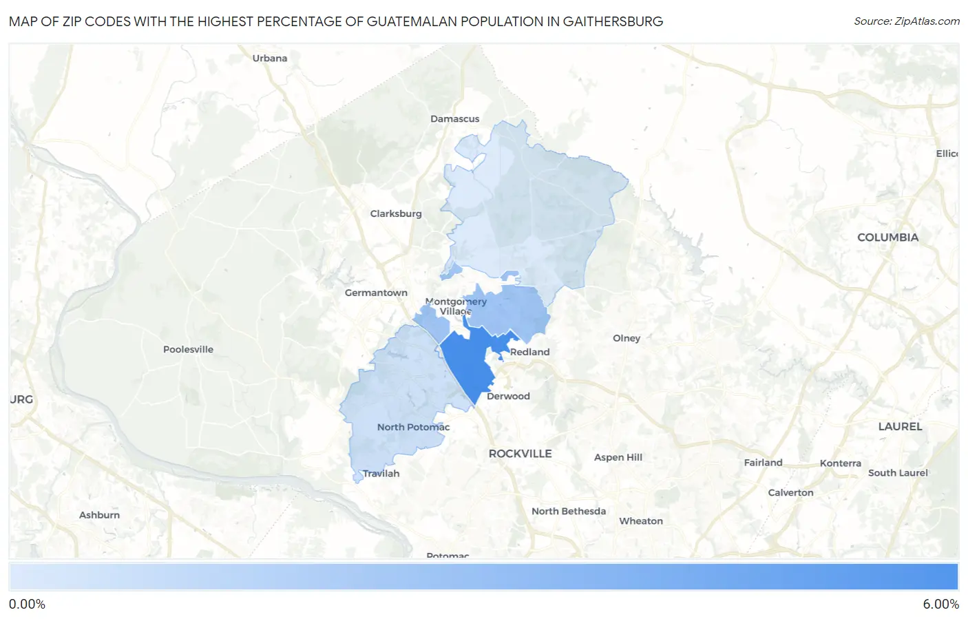 Zip Codes with the Highest Percentage of Guatemalan Population in Gaithersburg Map
