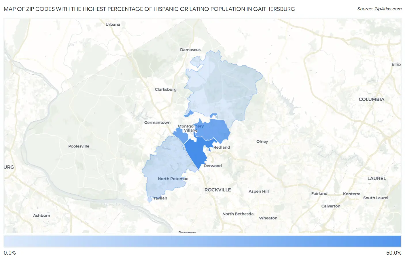Zip Codes with the Highest Percentage of Hispanic or Latino Population in Gaithersburg Map