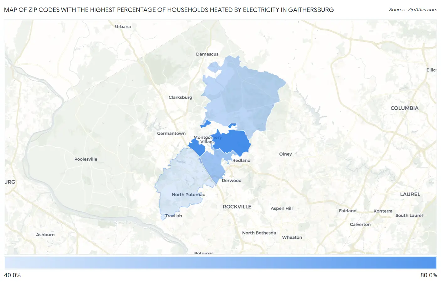 Zip Codes with the Highest Percentage of Households Heated by Electricity in Gaithersburg Map