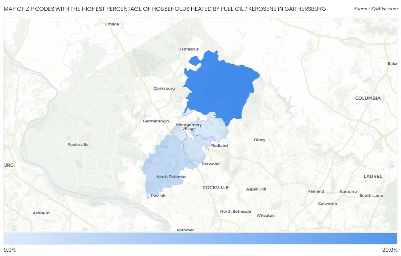 Zip Codes with the Highest Percentage of Households Heated by Fuel Oil / Kerosene in Gaithersburg Map