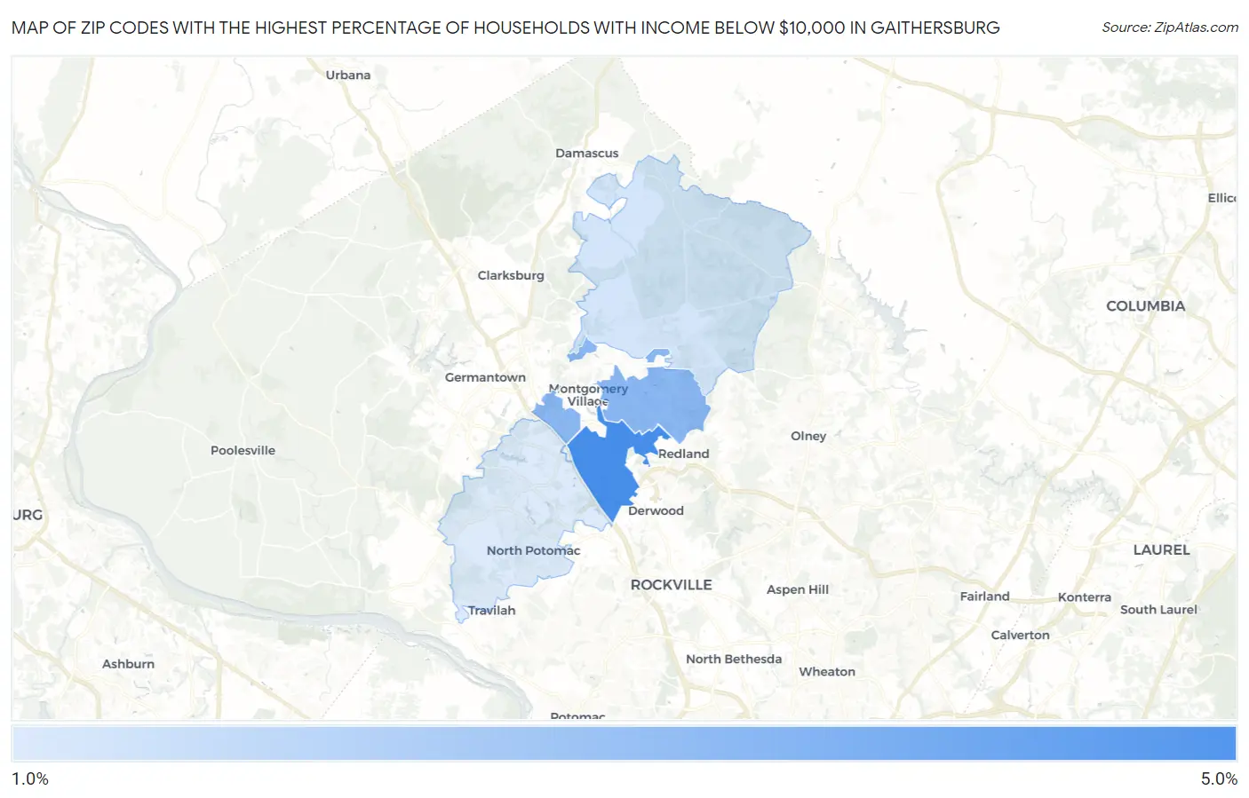 Zip Codes with the Highest Percentage of Households with Income Below $10,000 in Gaithersburg Map
