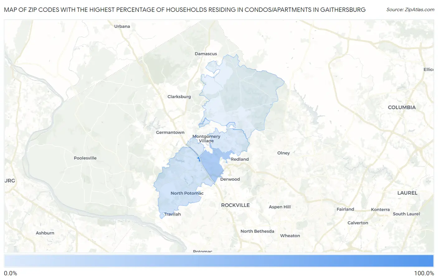 Zip Codes with the Highest Percentage of Households Residing in Condos/Apartments in Gaithersburg Map