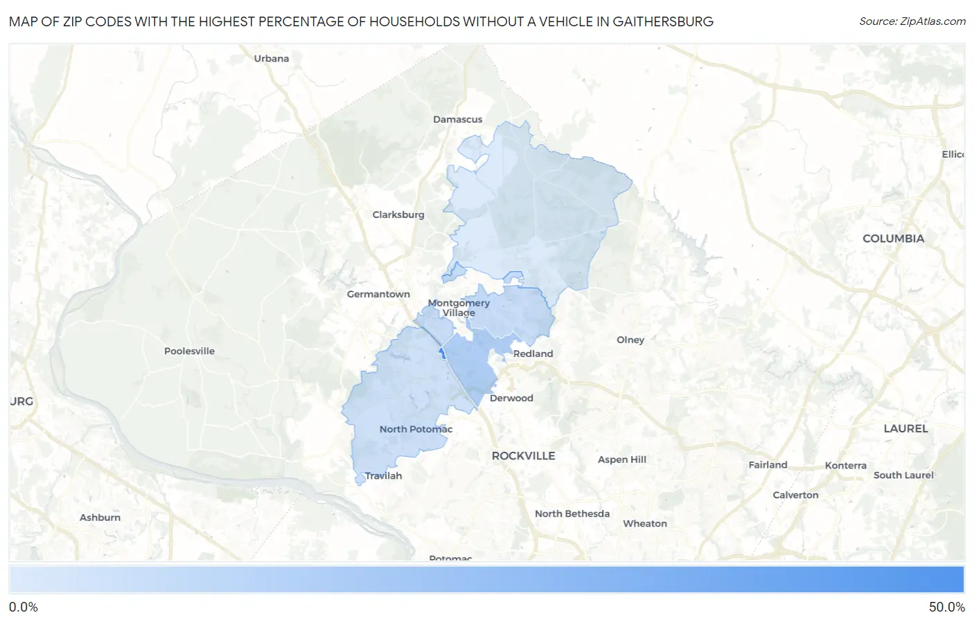 Zip Codes with the Highest Percentage of Households Without a Vehicle in Gaithersburg Map