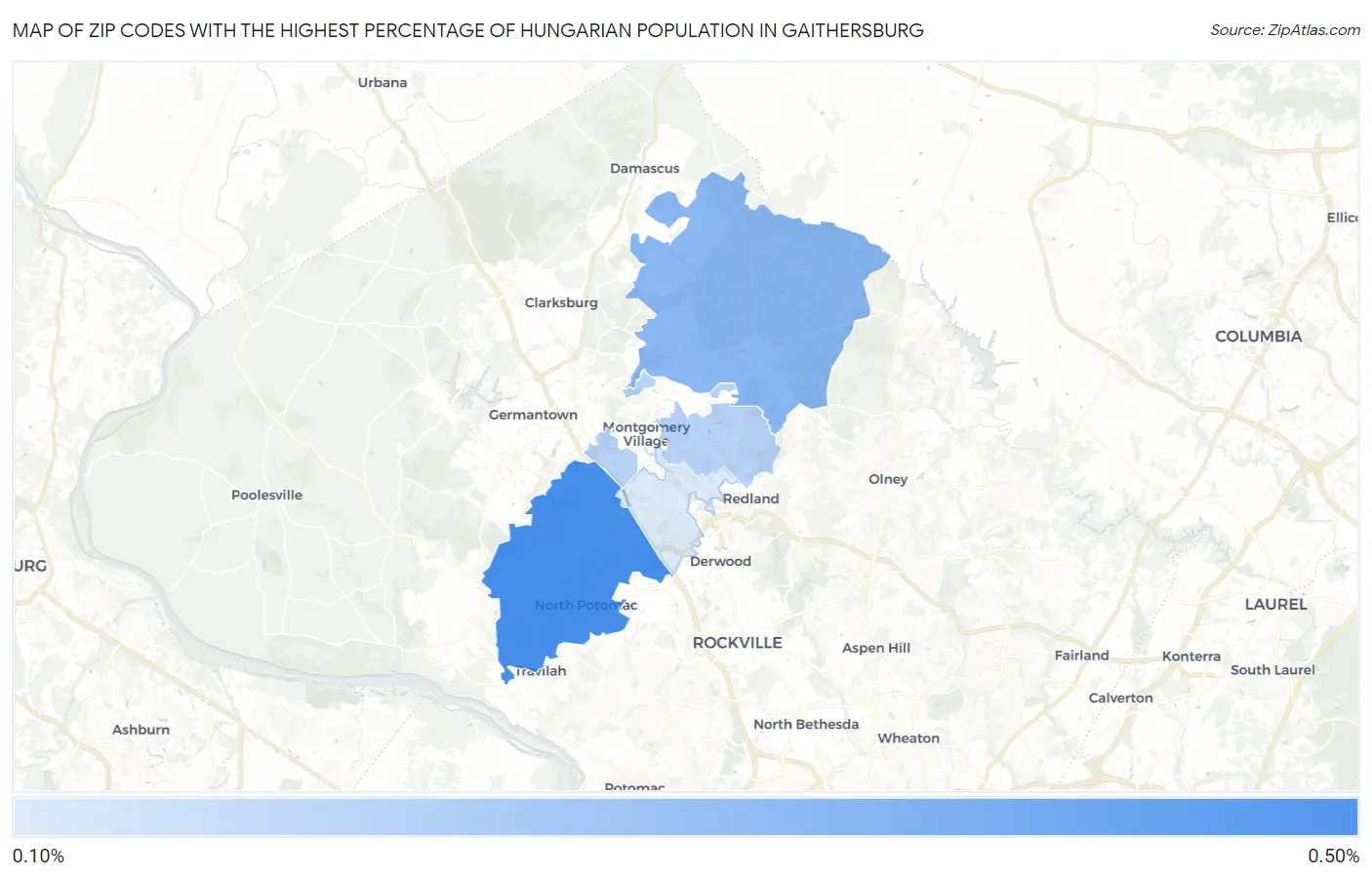 Zip Codes with the Highest Percentage of Hungarian Population in Gaithersburg Map