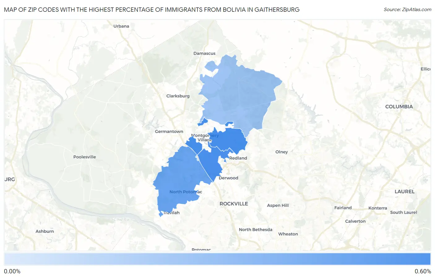 Zip Codes with the Highest Percentage of Immigrants from Bolivia in Gaithersburg Map
