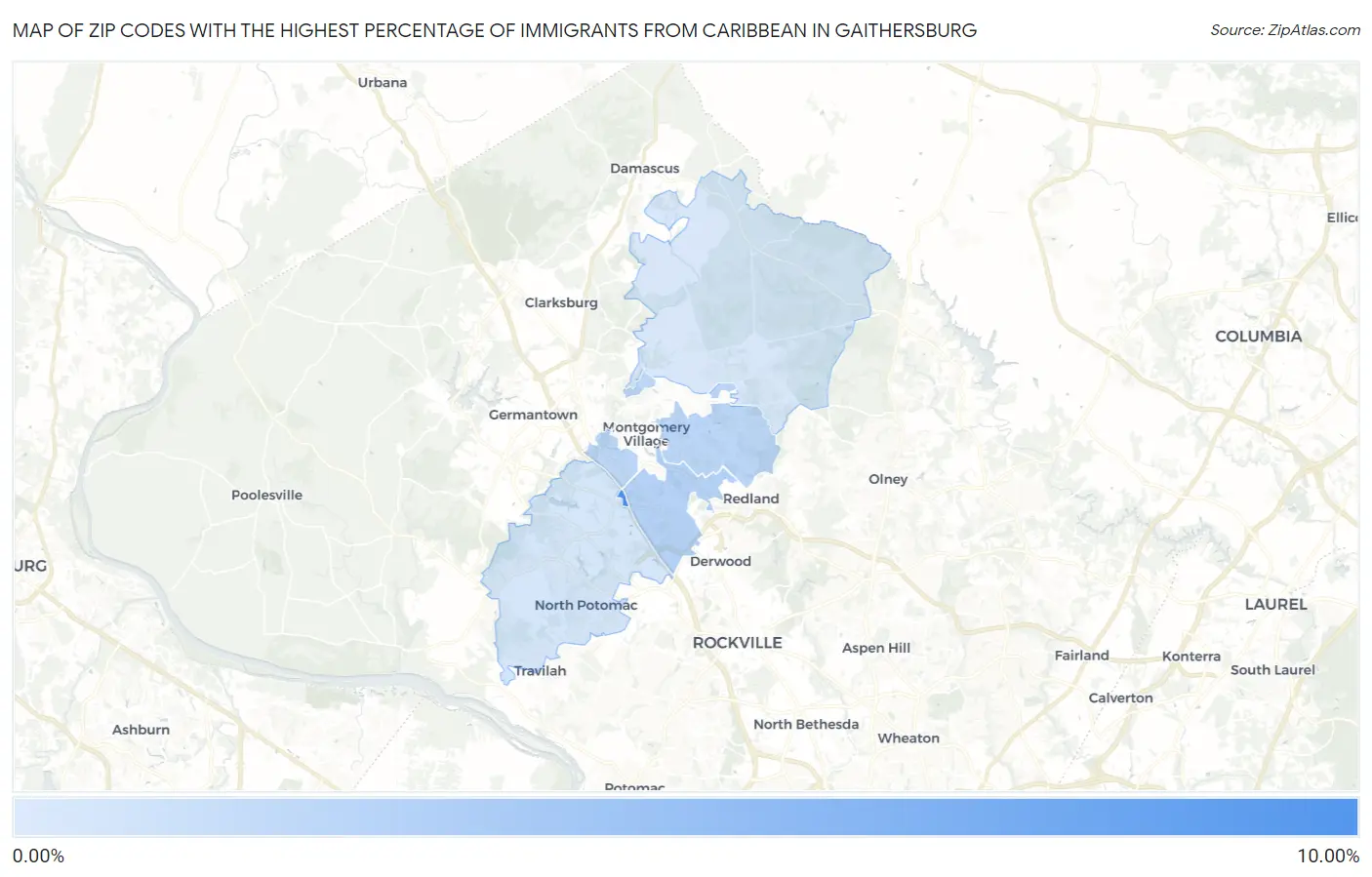 Zip Codes with the Highest Percentage of Immigrants from Caribbean in Gaithersburg Map