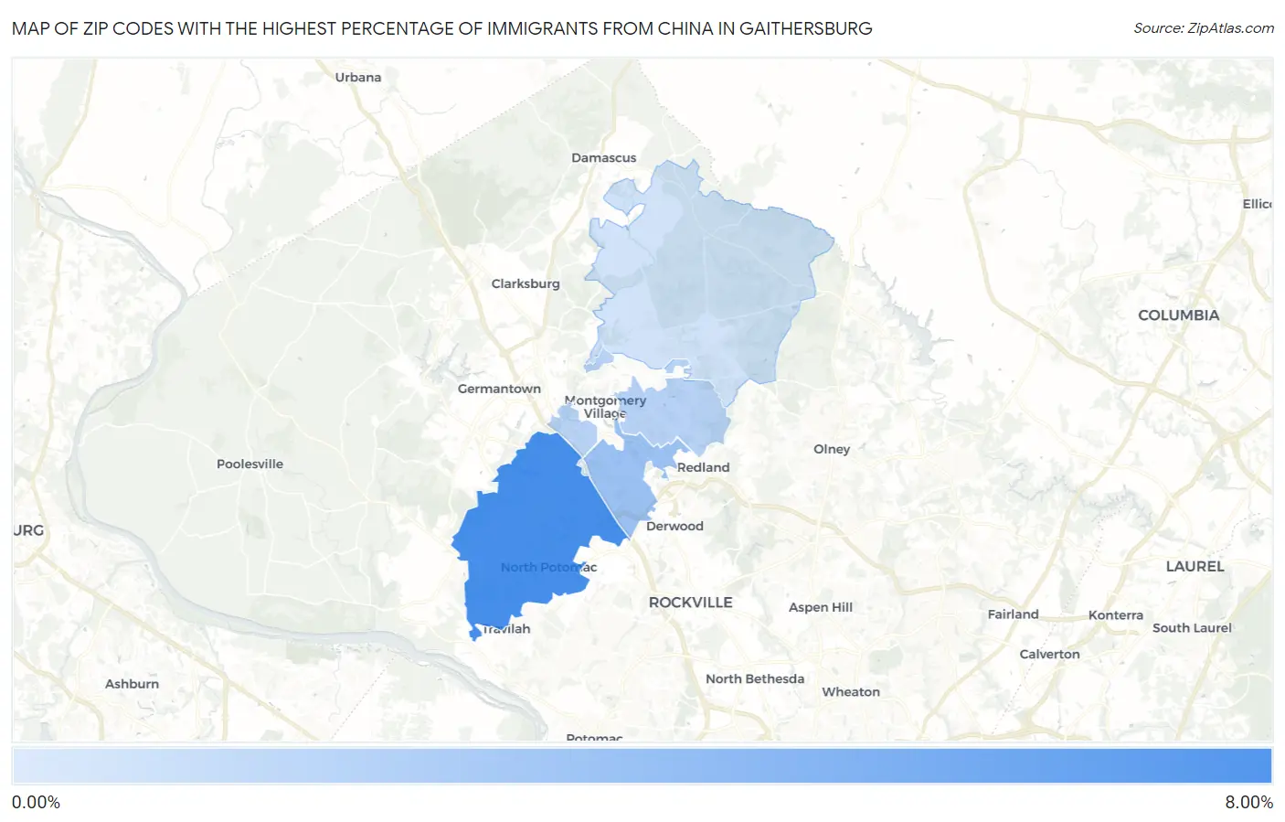 Zip Codes with the Highest Percentage of Immigrants from China in Gaithersburg Map