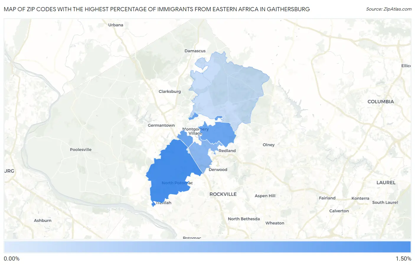 Zip Codes with the Highest Percentage of Immigrants from Eastern Africa in Gaithersburg Map