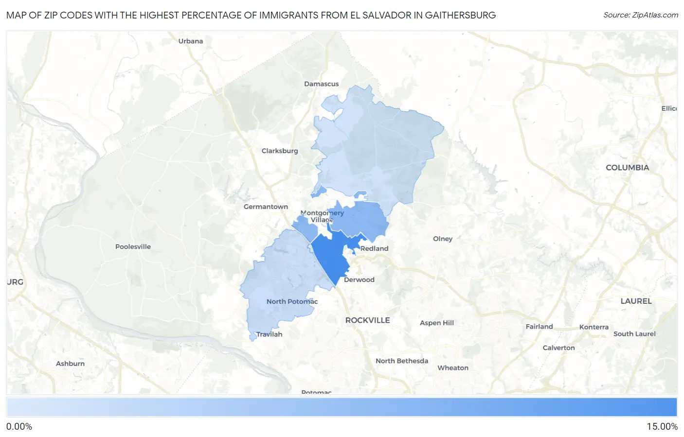 Zip Codes with the Highest Percentage of Immigrants from El Salvador in Gaithersburg Map