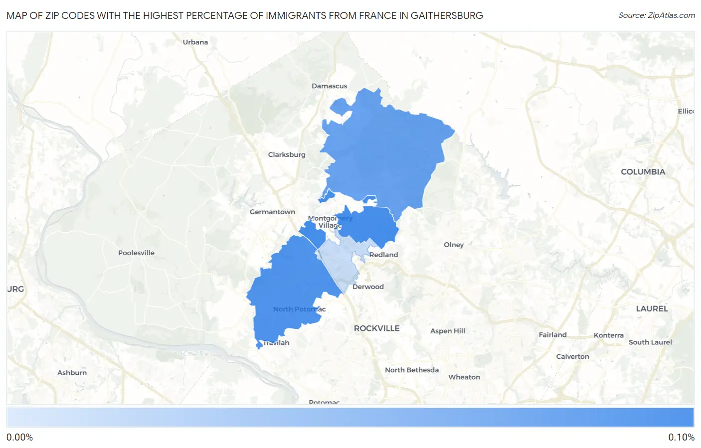 Zip Codes with the Highest Percentage of Immigrants from France in Gaithersburg Map