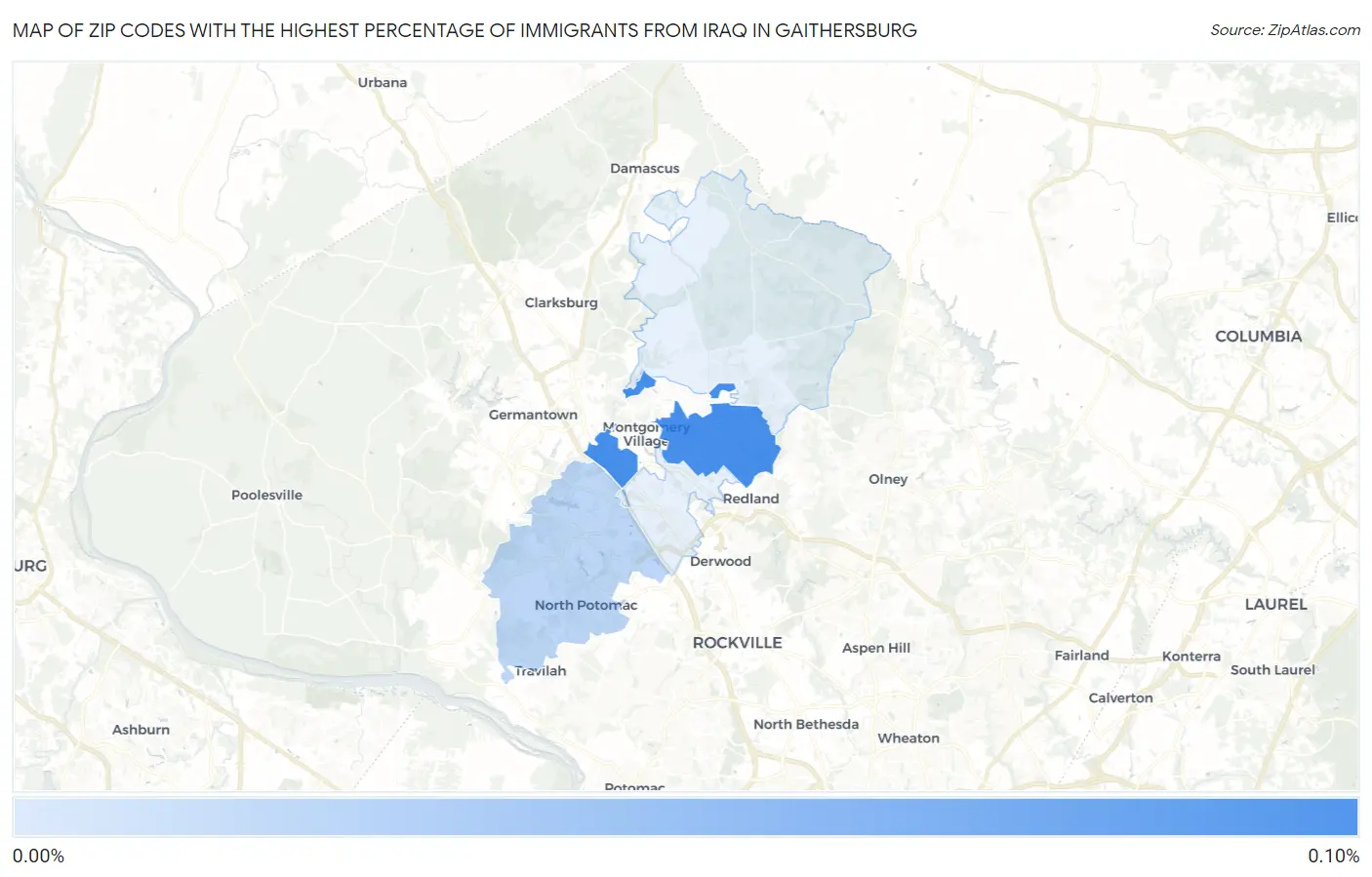 Zip Codes with the Highest Percentage of Immigrants from Iraq in Gaithersburg Map
