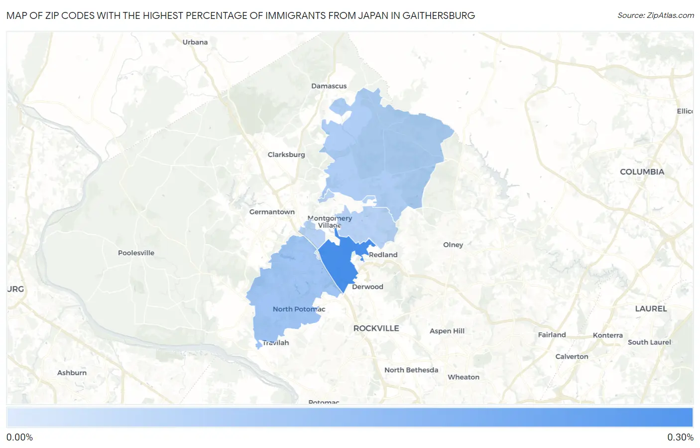 Zip Codes with the Highest Percentage of Immigrants from Japan in Gaithersburg Map