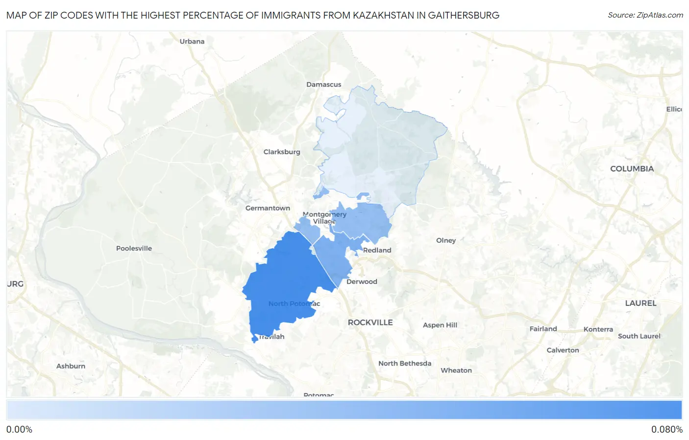 Zip Codes with the Highest Percentage of Immigrants from Kazakhstan in Gaithersburg Map