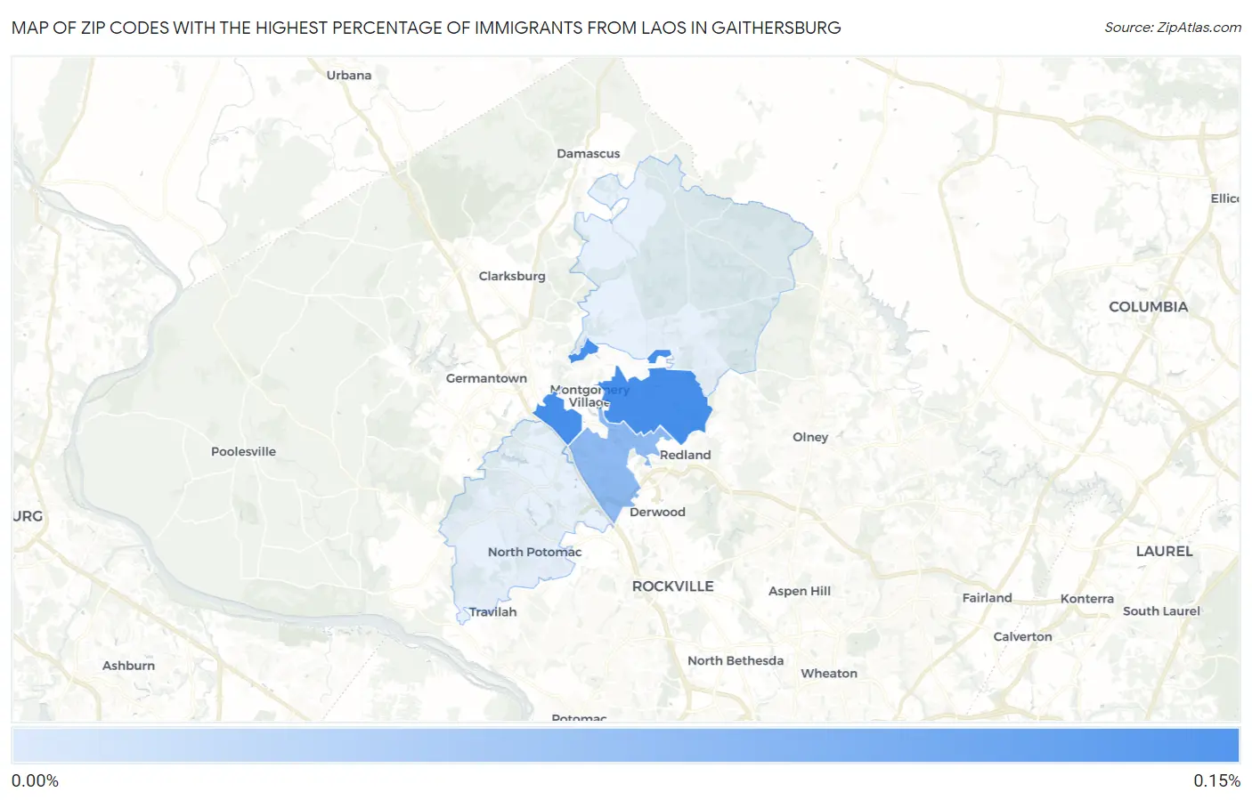 Zip Codes with the Highest Percentage of Immigrants from Laos in Gaithersburg Map