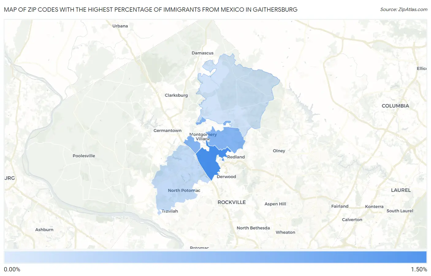 Zip Codes with the Highest Percentage of Immigrants from Mexico in Gaithersburg Map