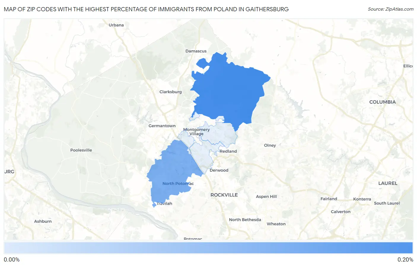 Zip Codes with the Highest Percentage of Immigrants from Poland in Gaithersburg Map