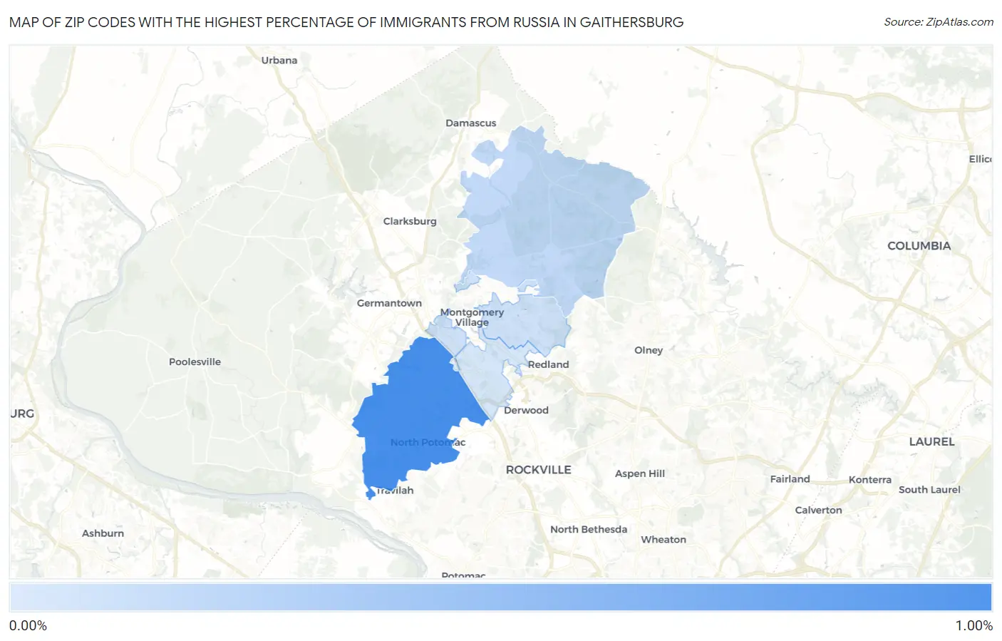 Zip Codes with the Highest Percentage of Immigrants from Russia in Gaithersburg Map