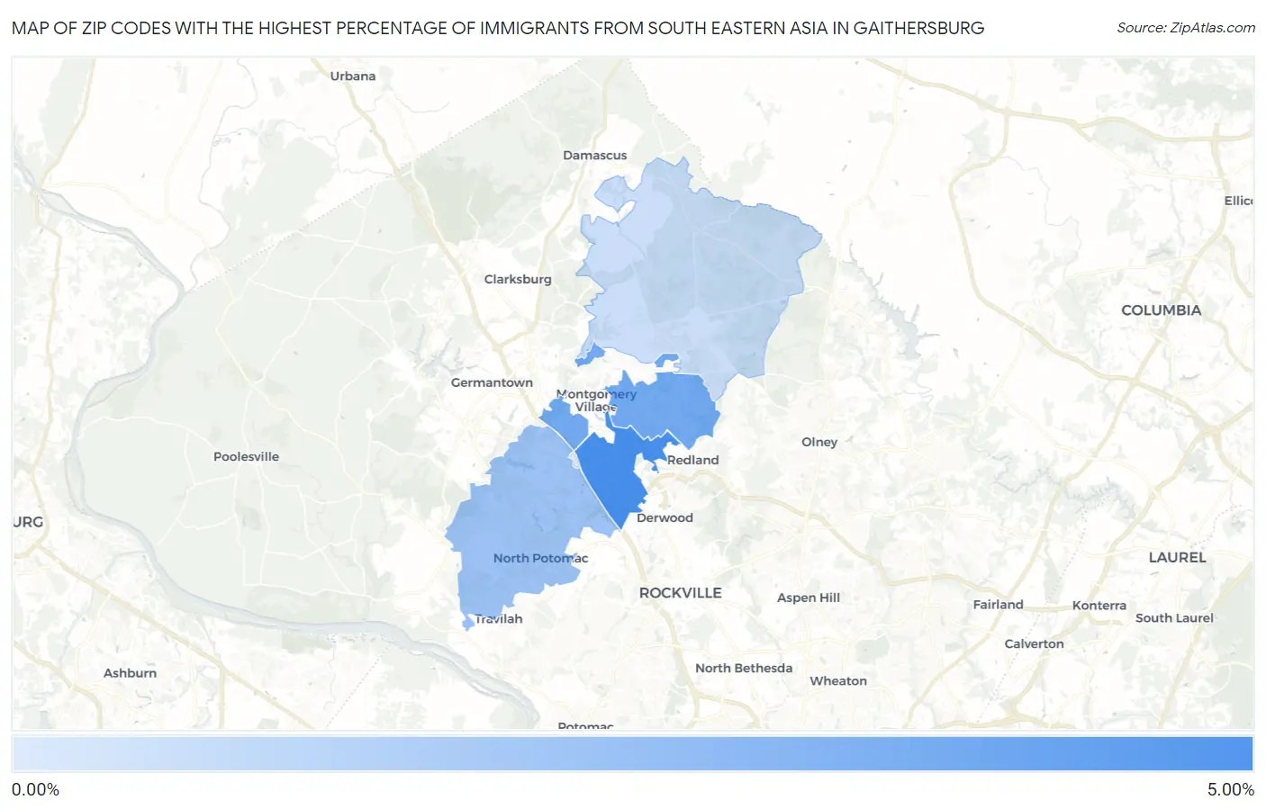 Zip Codes with the Highest Percentage of Immigrants from South Eastern Asia in Gaithersburg Map