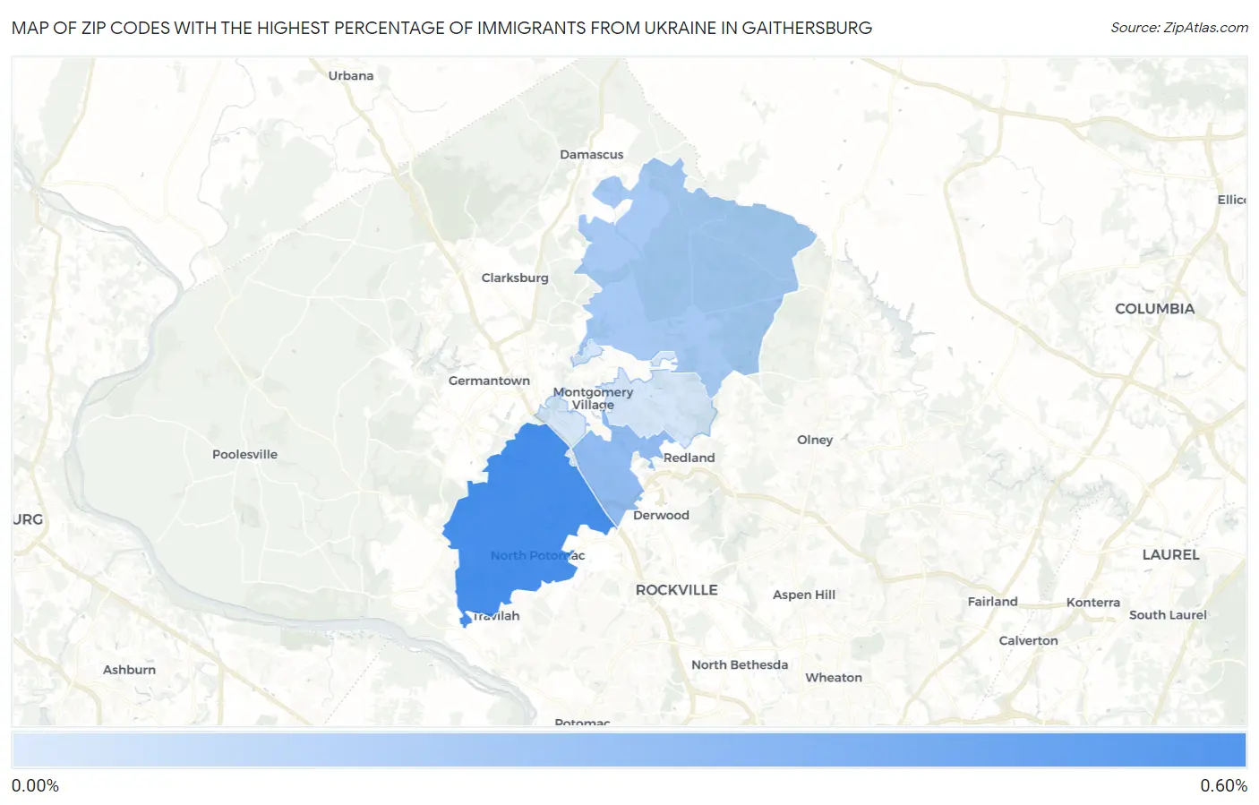 Zip Codes with the Highest Percentage of Immigrants from Ukraine in Gaithersburg Map
