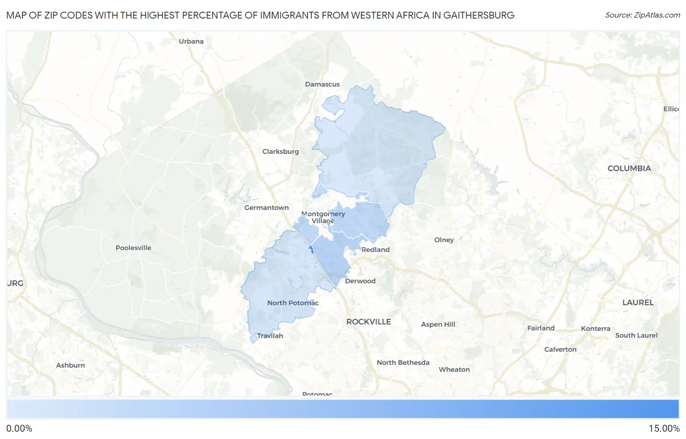 Zip Codes with the Highest Percentage of Immigrants from Western Africa in Gaithersburg Map