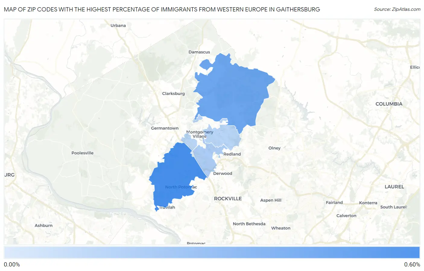 Zip Codes with the Highest Percentage of Immigrants from Western Europe in Gaithersburg Map