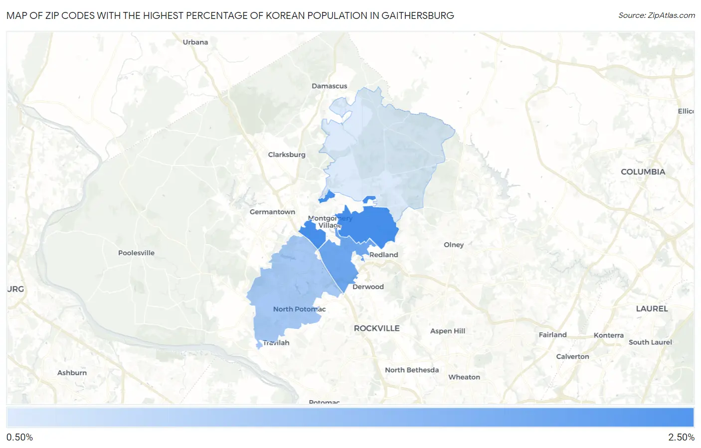 Zip Codes with the Highest Percentage of Korean Population in Gaithersburg Map