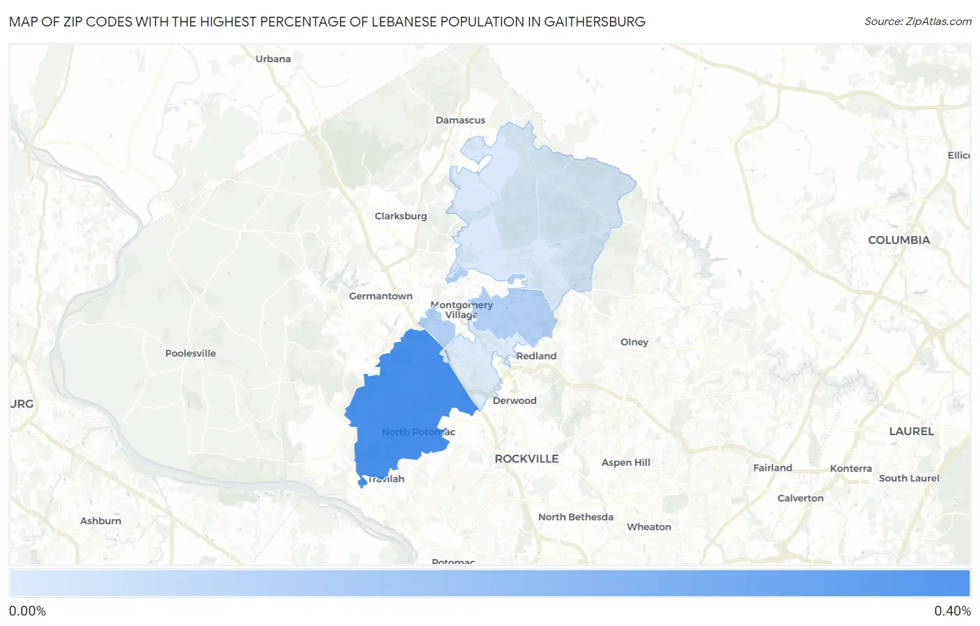 Zip Codes with the Highest Percentage of Lebanese Population in Gaithersburg Map