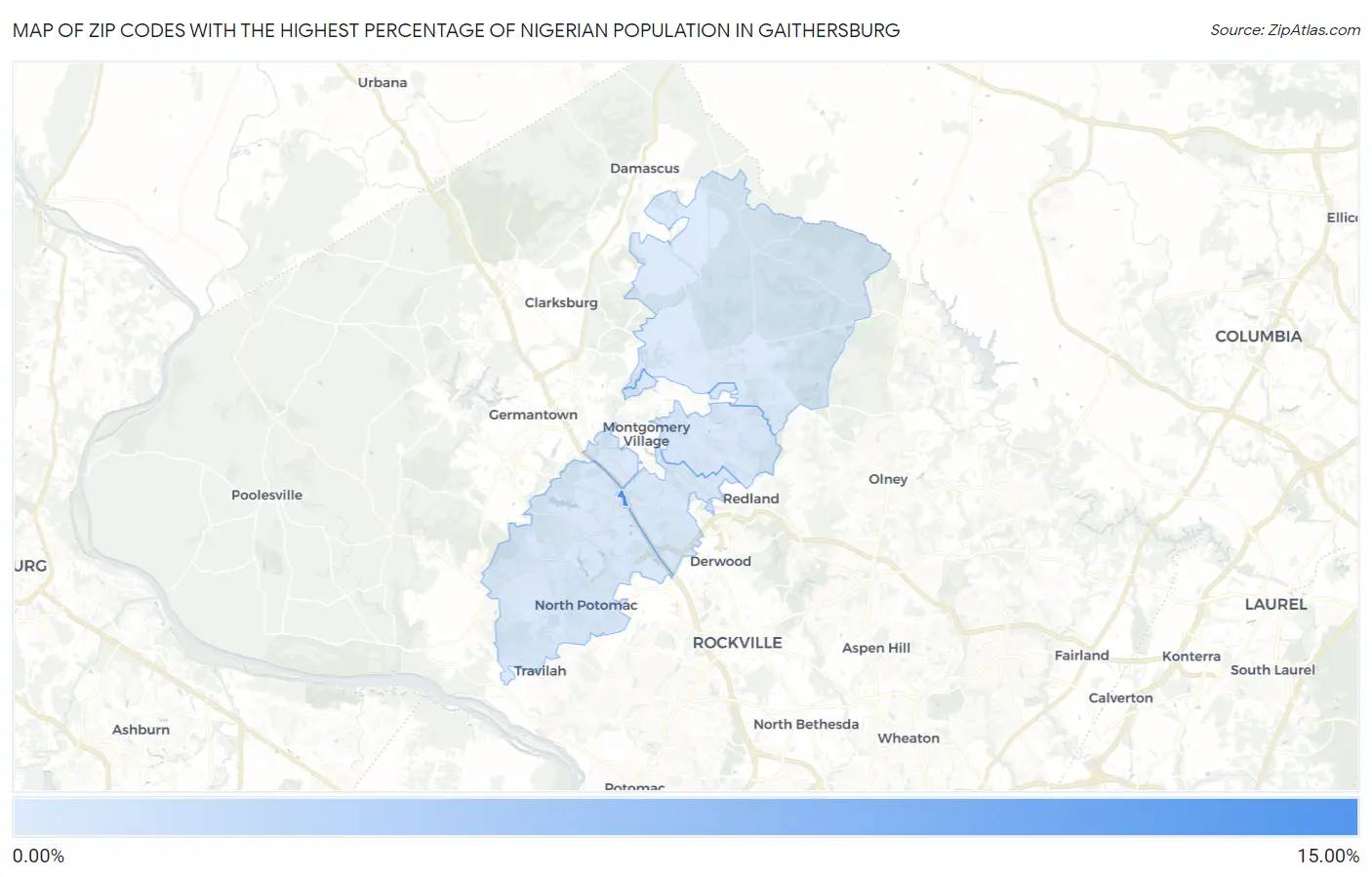 Zip Codes with the Highest Percentage of Nigerian Population in Gaithersburg Map