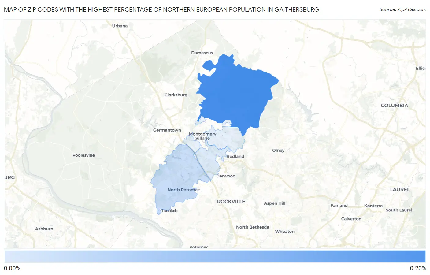 Zip Codes with the Highest Percentage of Northern European Population in Gaithersburg Map