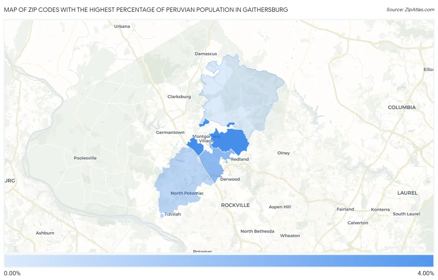 Zip Codes with the Highest Percentage of Peruvian Population in Gaithersburg Map