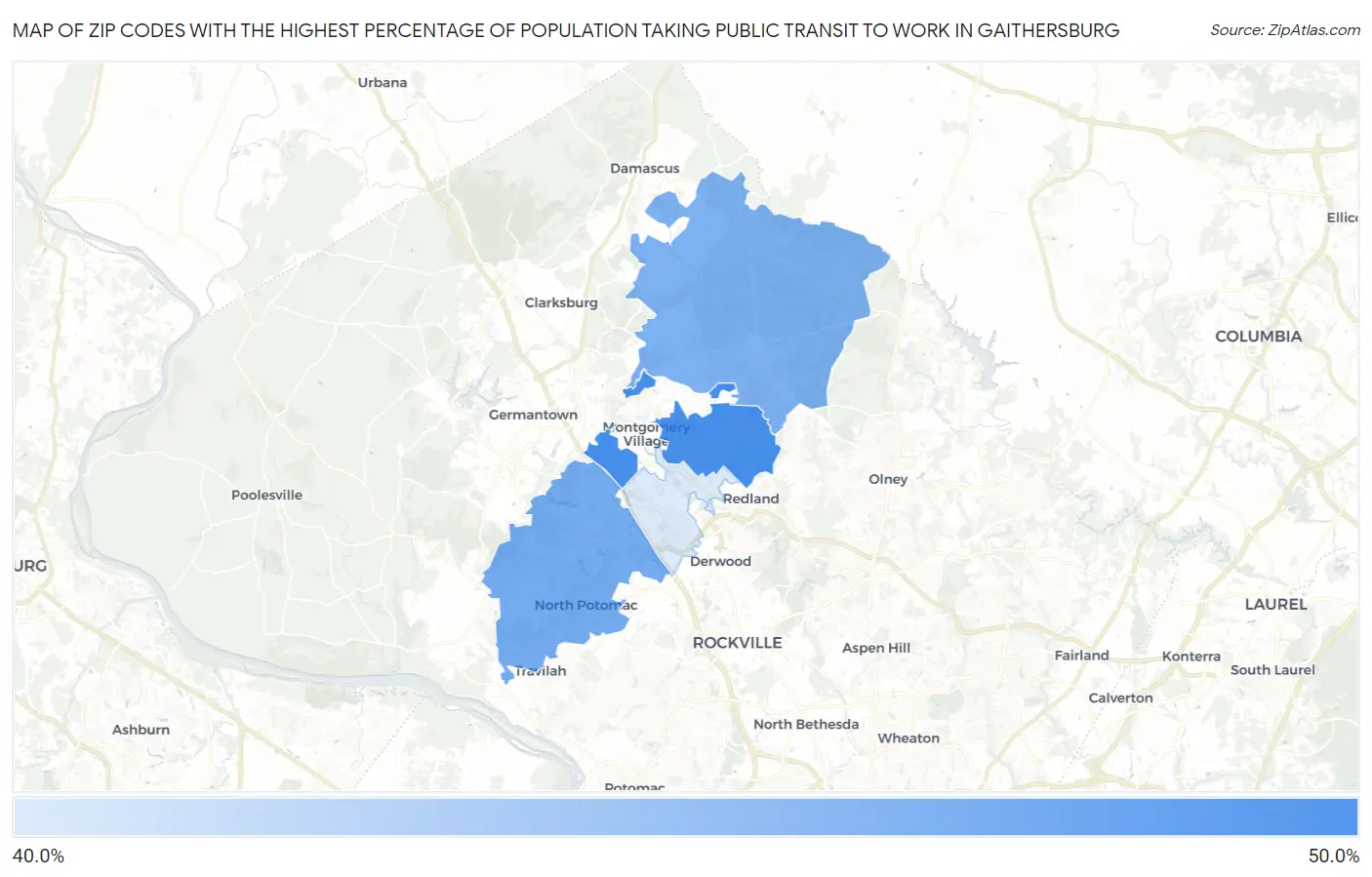 Zip Codes with the Highest Percentage of Population Taking Public Transit to Work in Gaithersburg Map