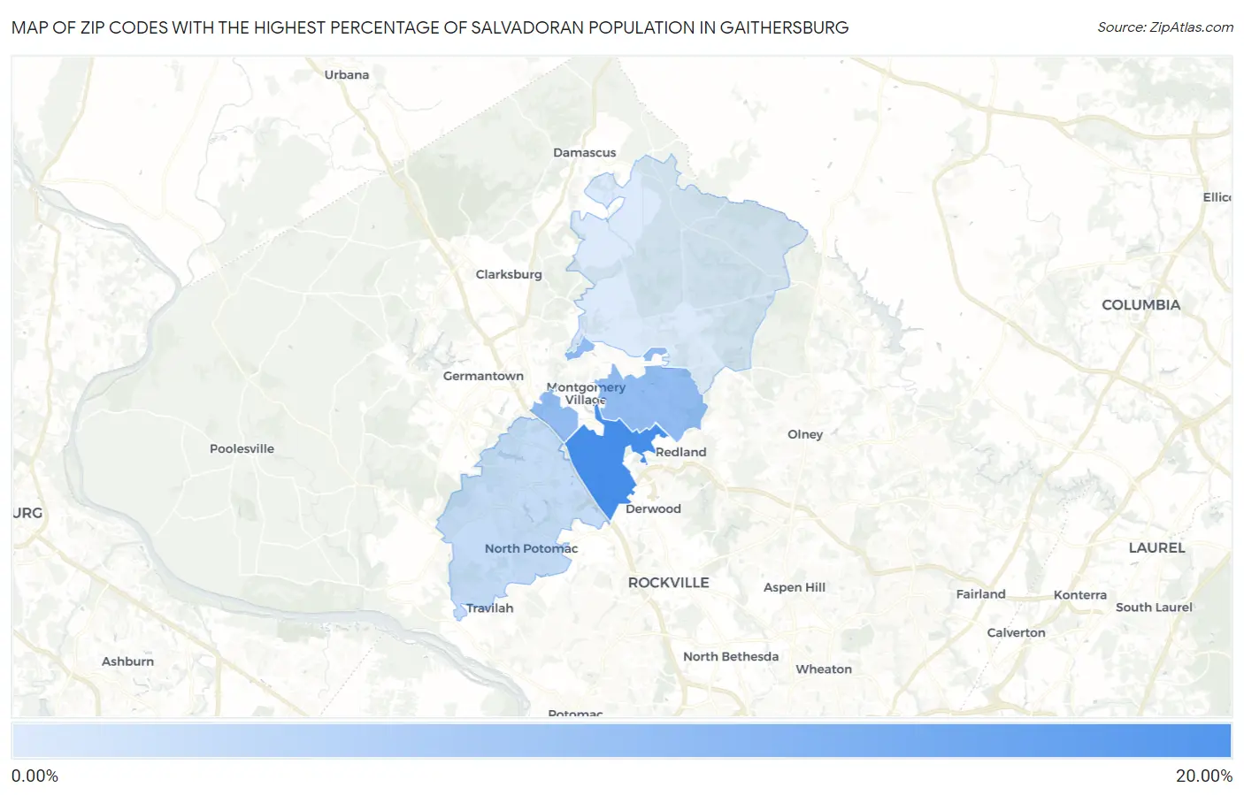 Zip Codes with the Highest Percentage of Salvadoran Population in Gaithersburg Map