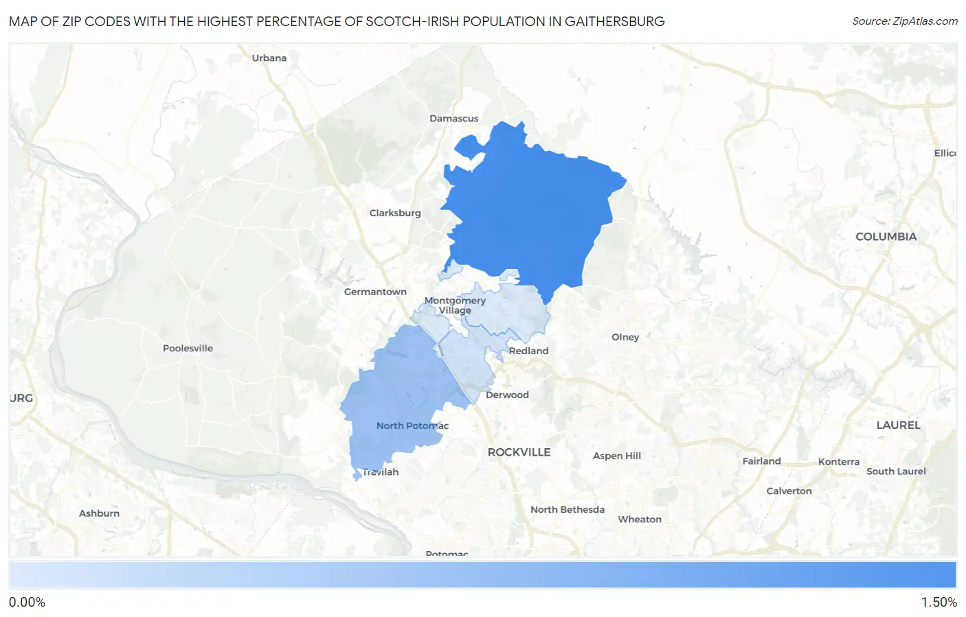 Zip Codes with the Highest Percentage of Scotch-Irish Population in Gaithersburg Map