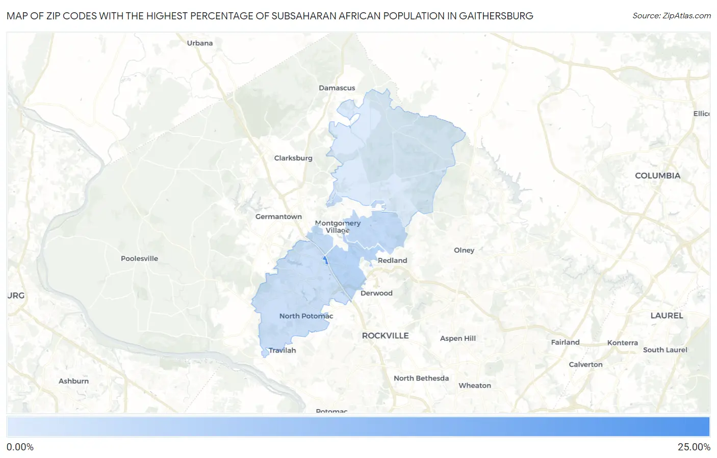 Zip Codes with the Highest Percentage of Subsaharan African Population in Gaithersburg Map