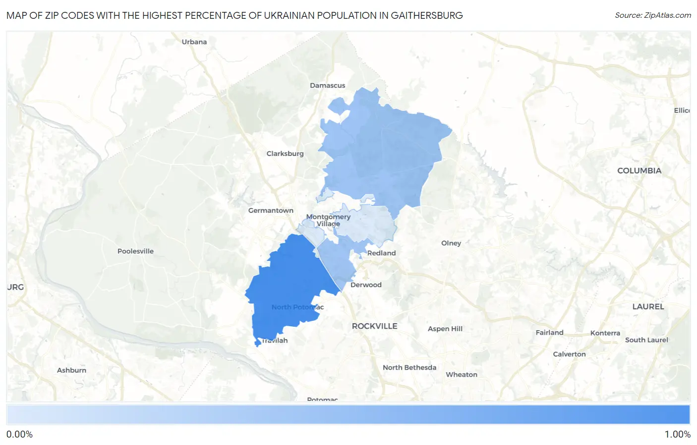 Zip Codes with the Highest Percentage of Ukrainian Population in Gaithersburg Map