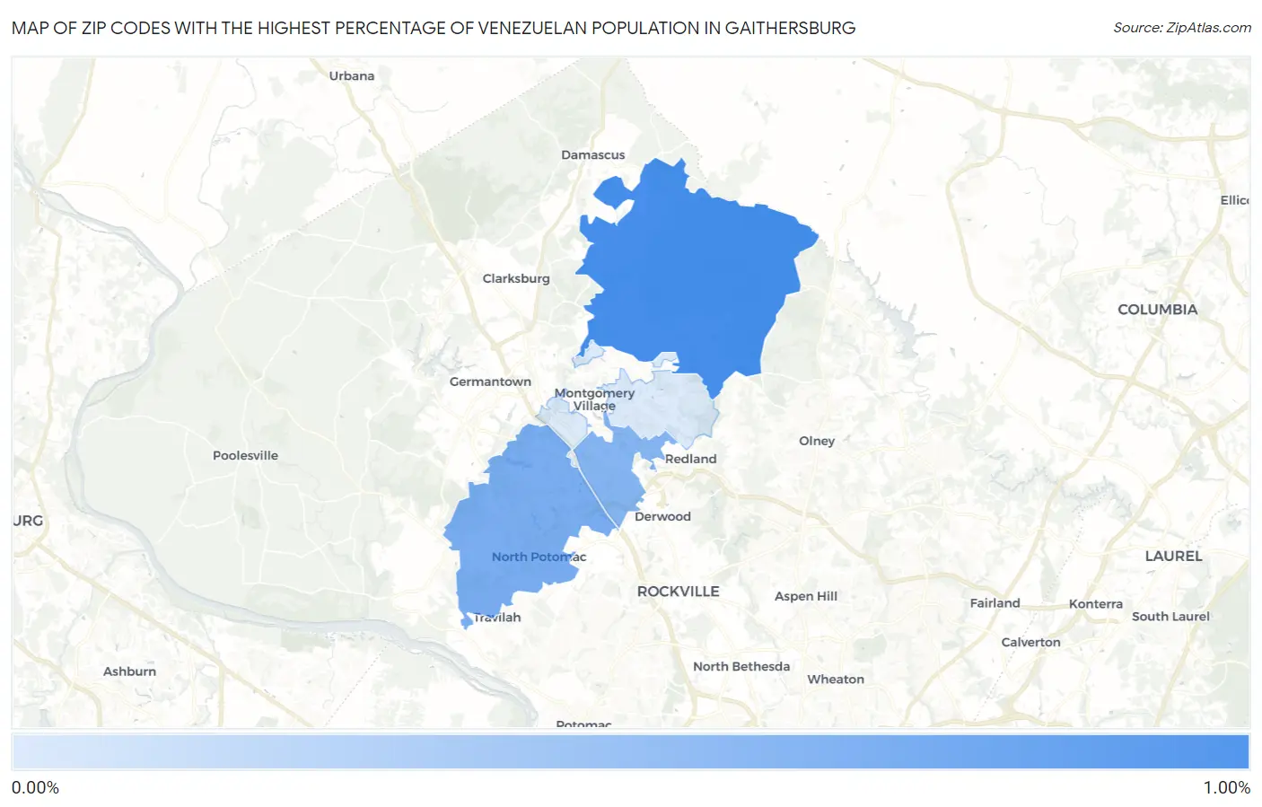 Zip Codes with the Highest Percentage of Venezuelan Population in Gaithersburg Map