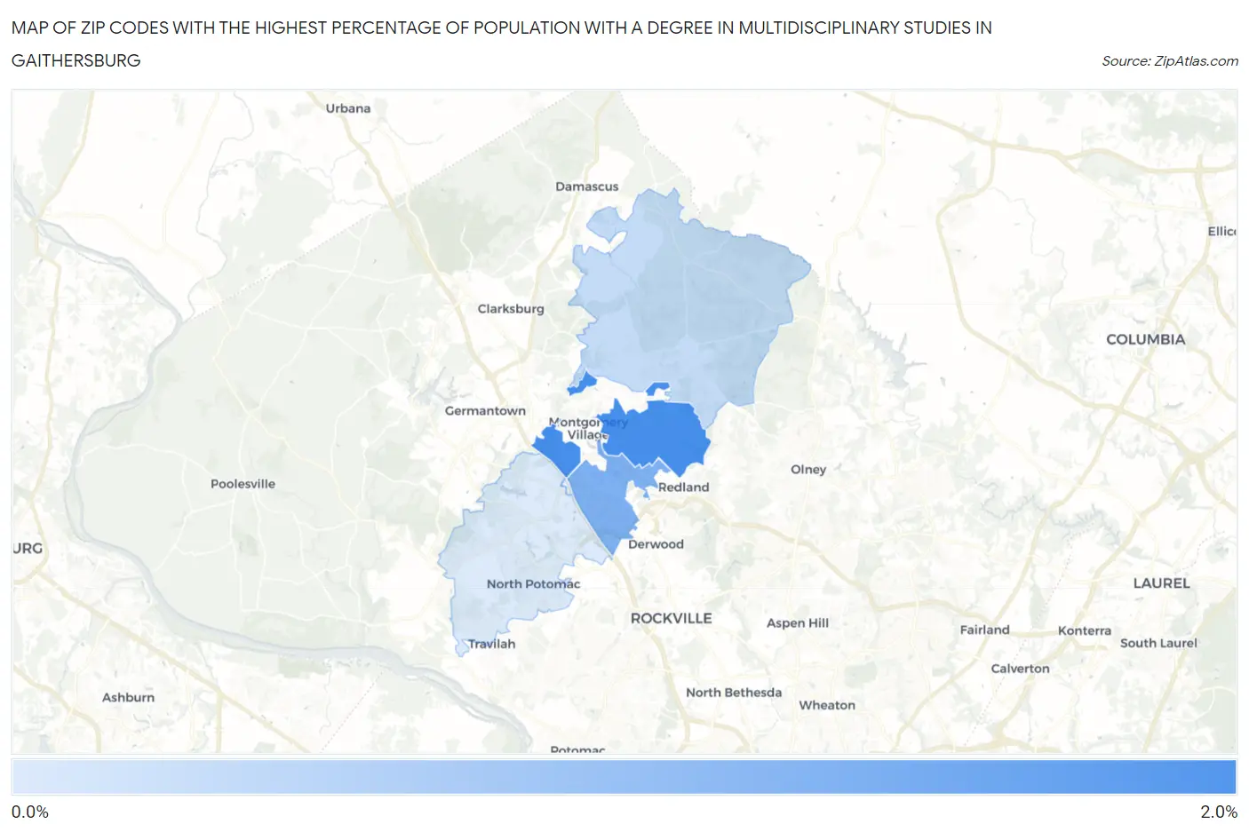 Zip Codes with the Highest Percentage of Population with a Degree in Multidisciplinary Studies in Gaithersburg Map