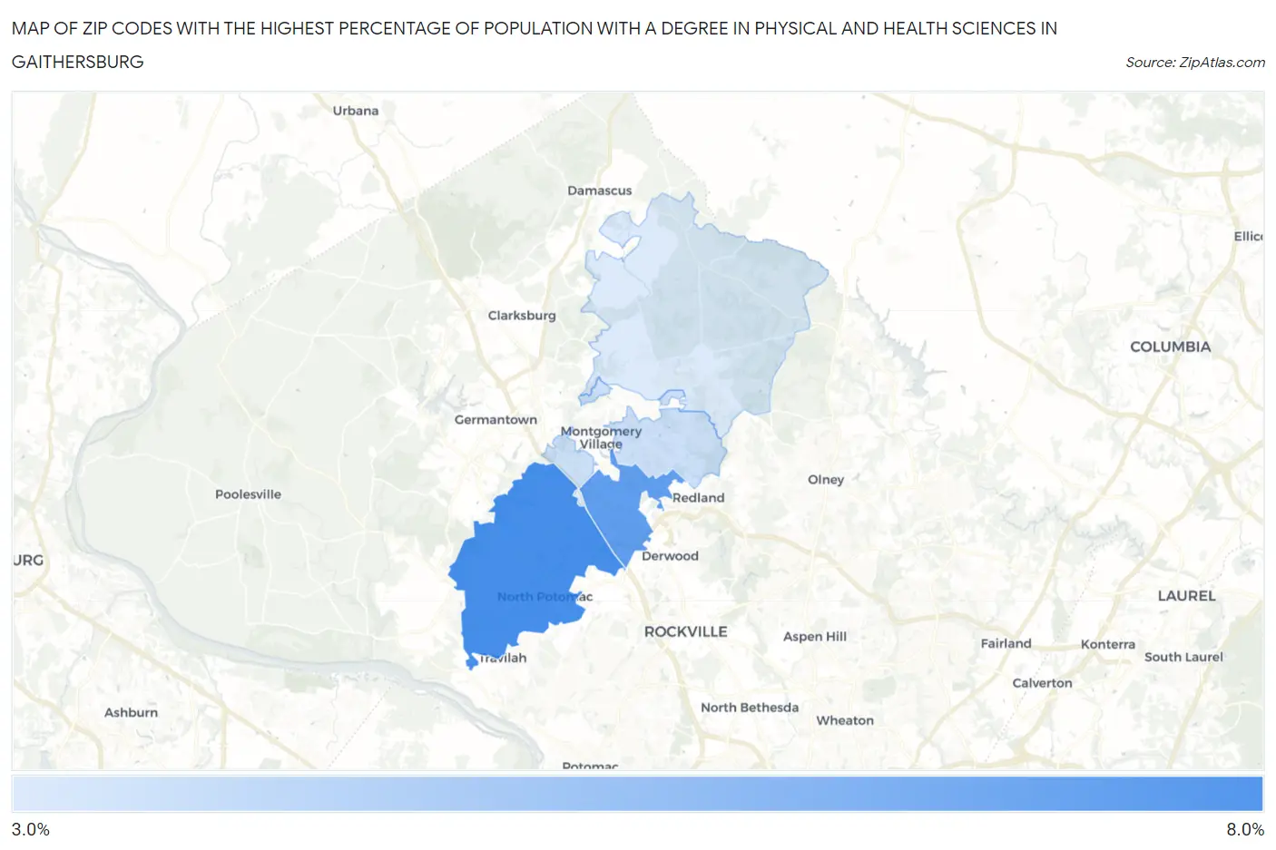 Zip Codes with the Highest Percentage of Population with a Degree in Physical and Health Sciences in Gaithersburg Map