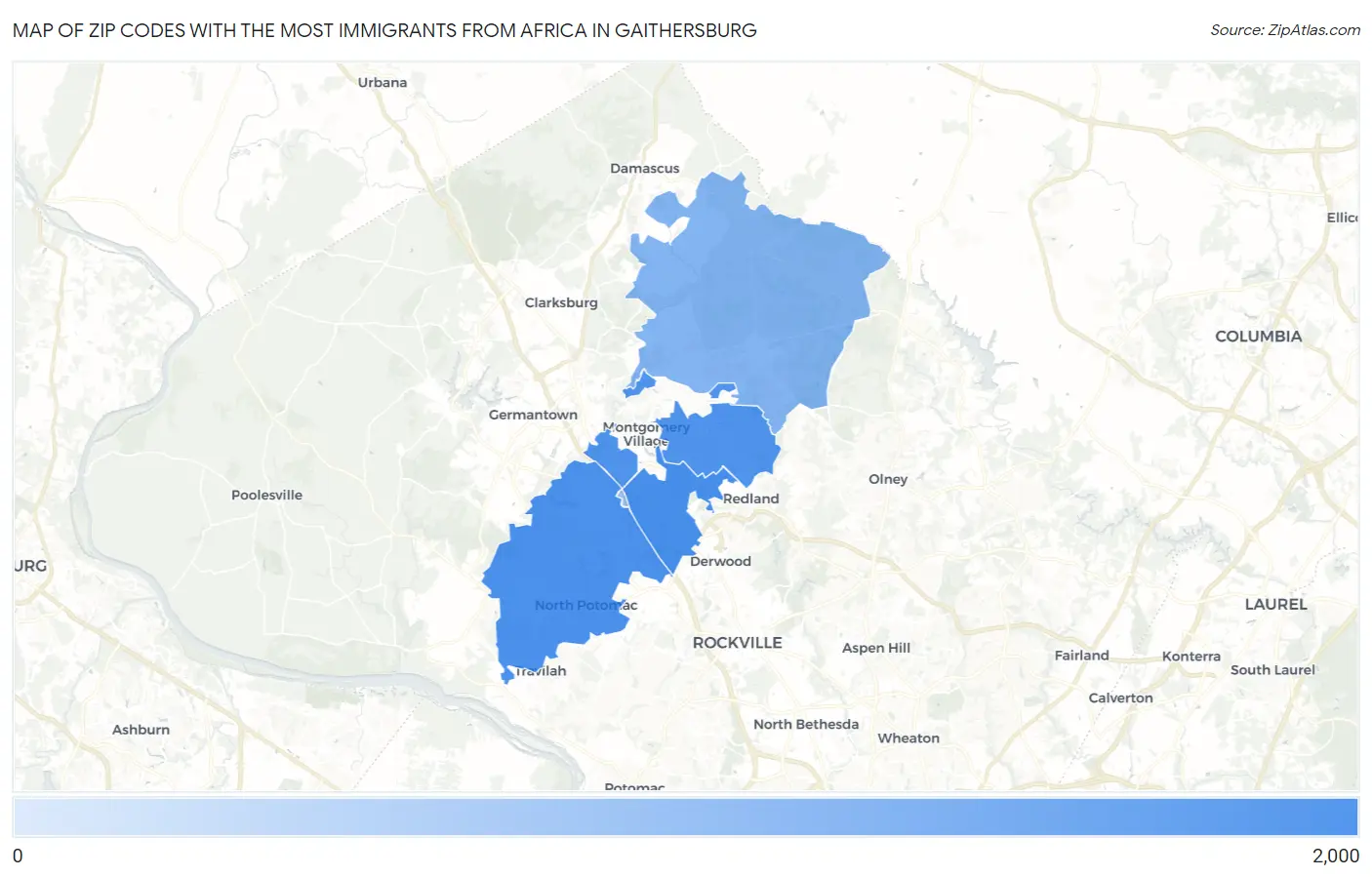Zip Codes with the Most Immigrants from Africa in Gaithersburg Map
