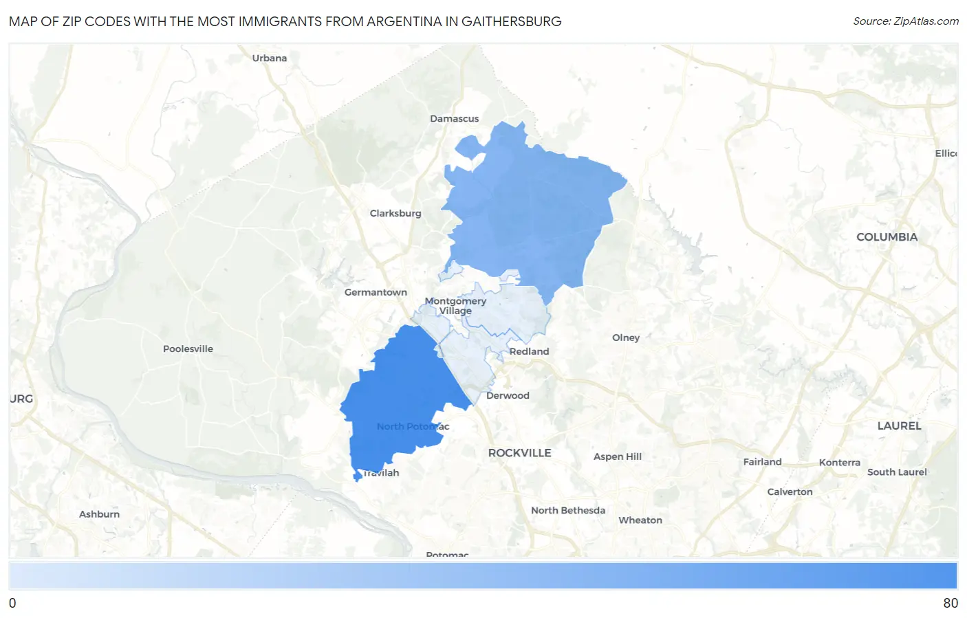 Zip Codes with the Most Immigrants from Argentina in Gaithersburg Map