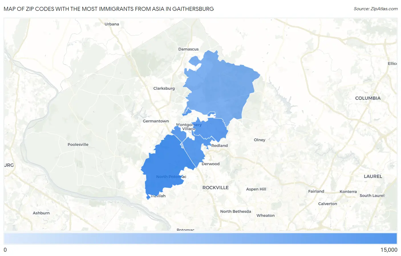 Zip Codes with the Most Immigrants from Asia in Gaithersburg Map