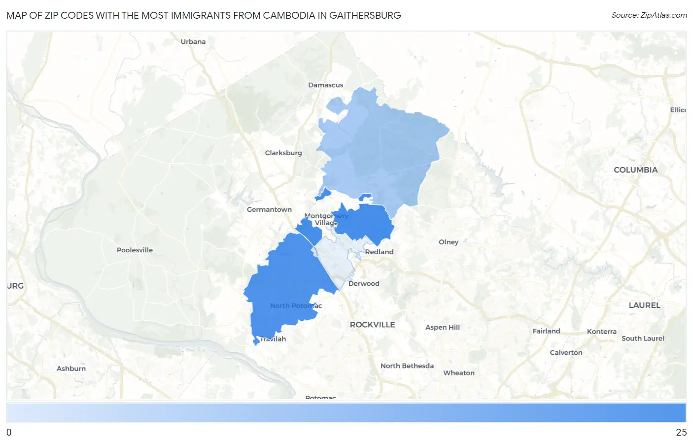 Zip Codes with the Most Immigrants from Cambodia in Gaithersburg Map