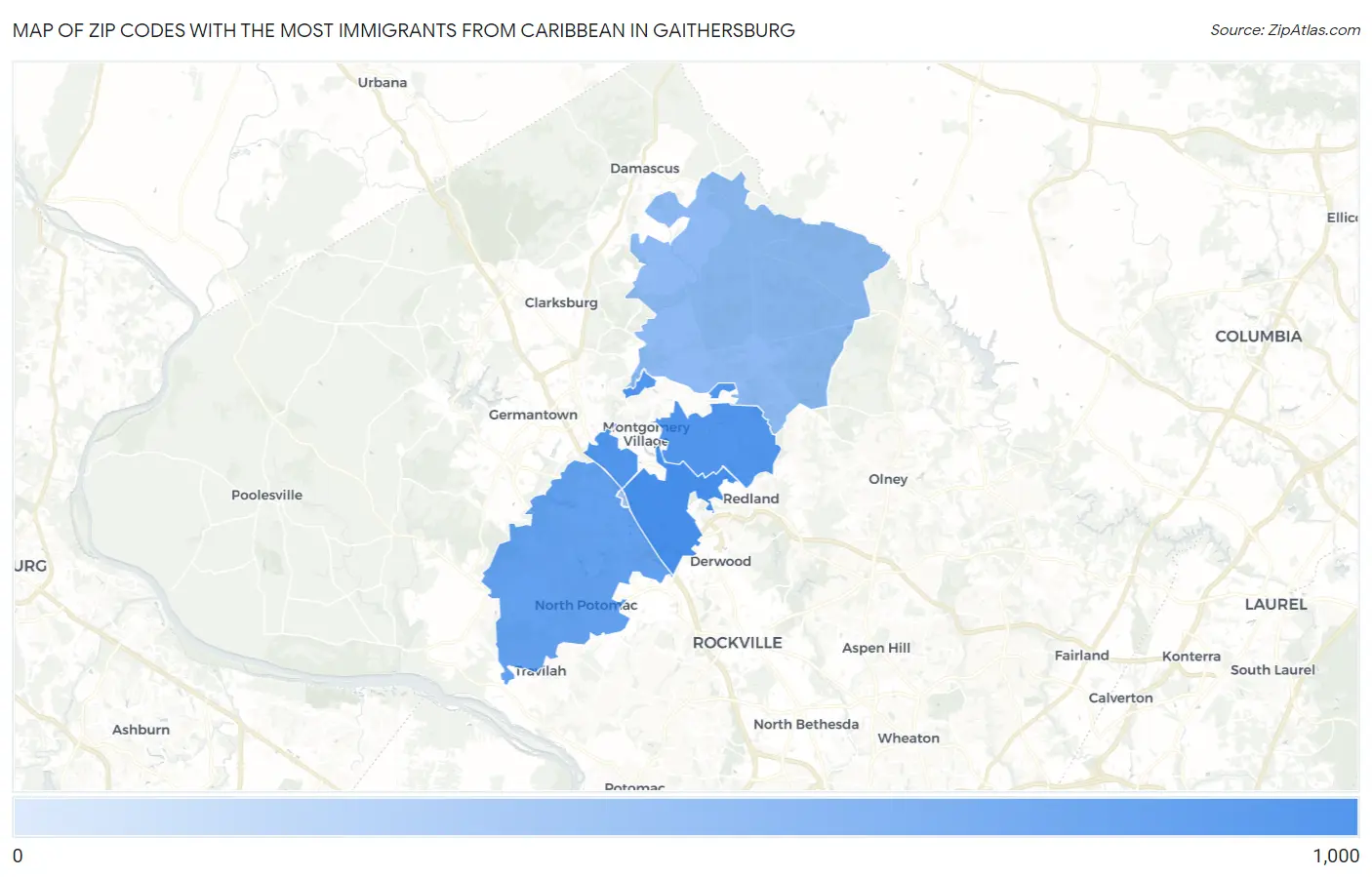 Zip Codes with the Most Immigrants from Caribbean in Gaithersburg Map
