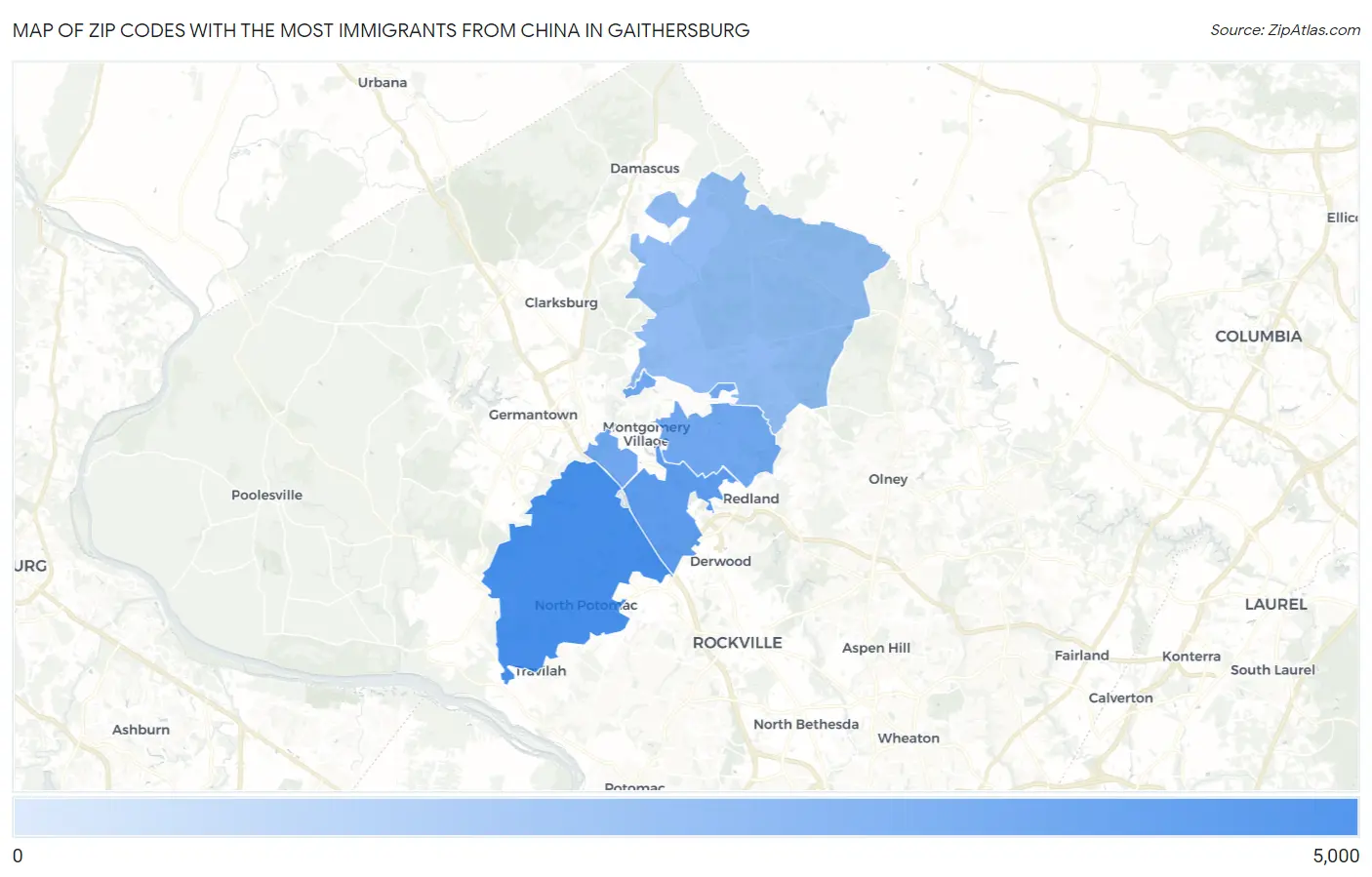 Zip Codes with the Most Immigrants from China in Gaithersburg Map