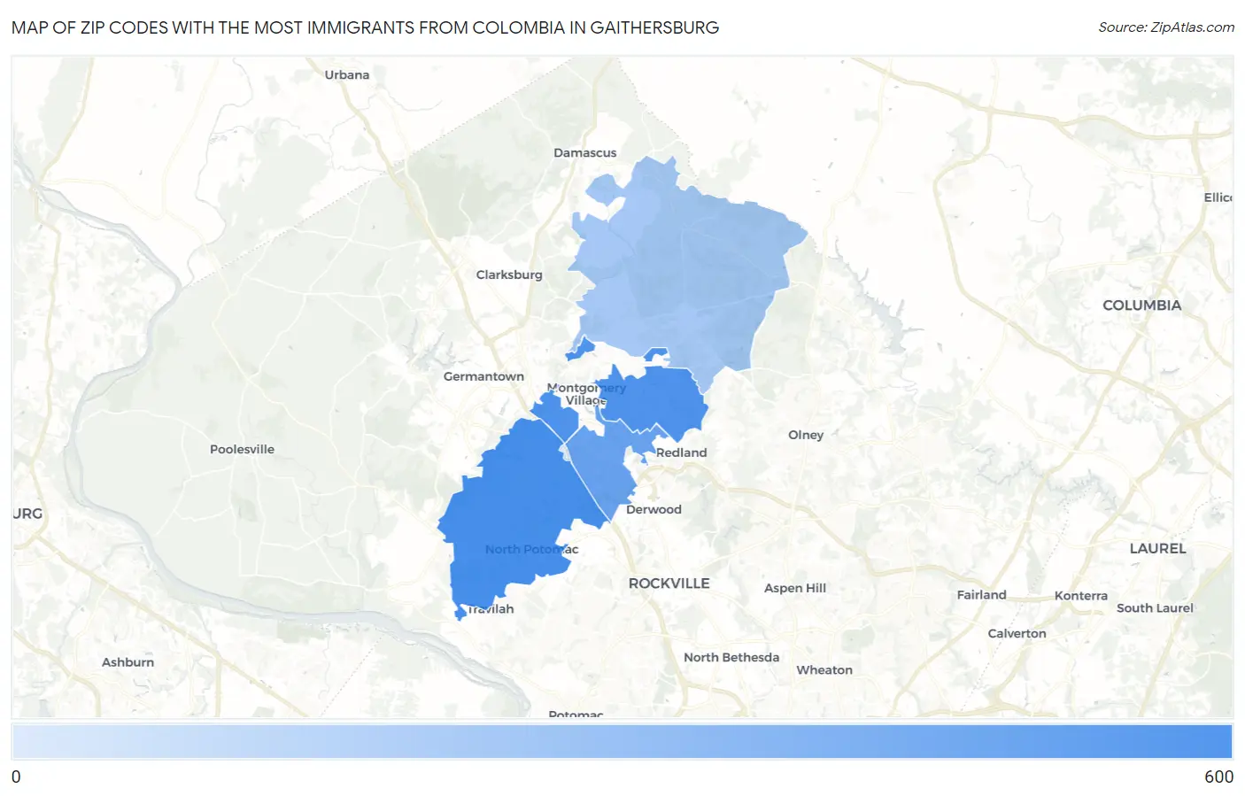 Zip Codes with the Most Immigrants from Colombia in Gaithersburg Map
