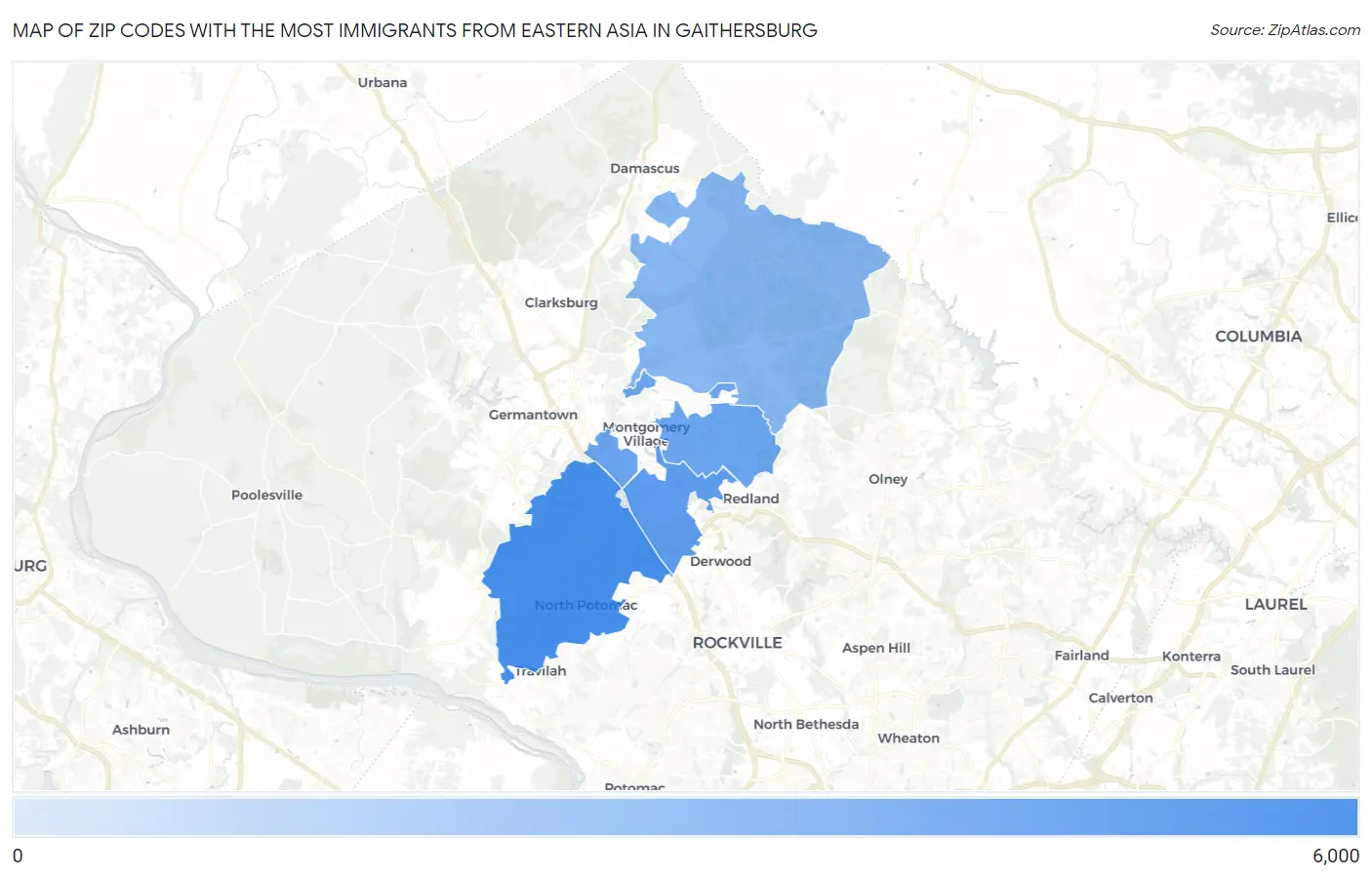 Zip Codes with the Most Immigrants from Eastern Asia in Gaithersburg Map