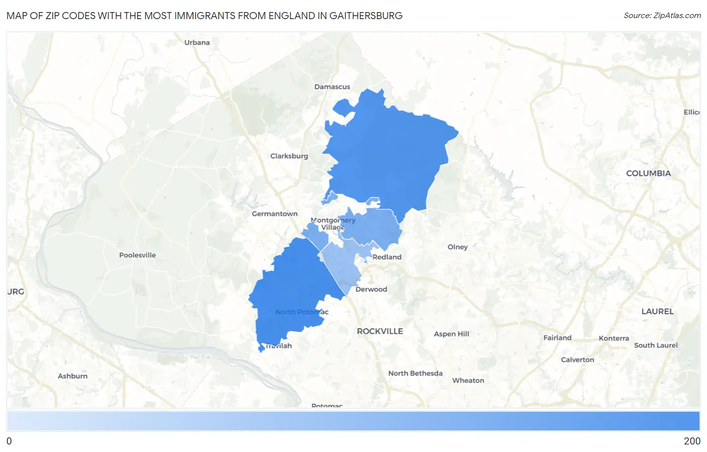 Zip Codes with the Most Immigrants from England in Gaithersburg Map