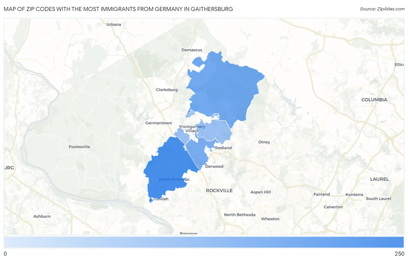 Zip Codes with the Most Immigrants from Germany in Gaithersburg Map
