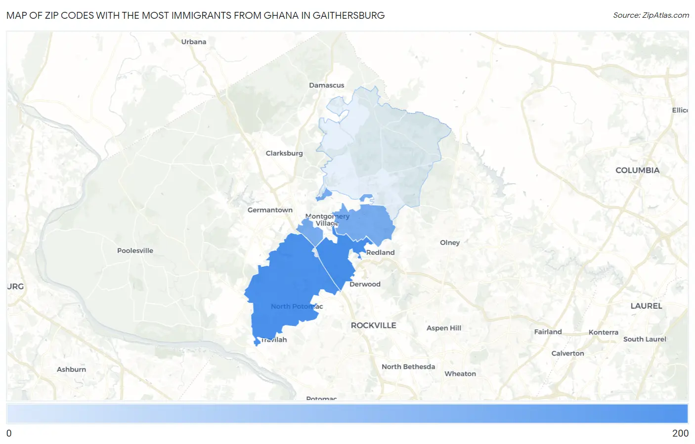 Zip Codes with the Most Immigrants from Ghana in Gaithersburg Map